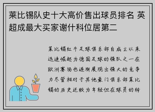 莱比锡队史十大高价售出球员排名 英超成最大买家谢什科位居第二