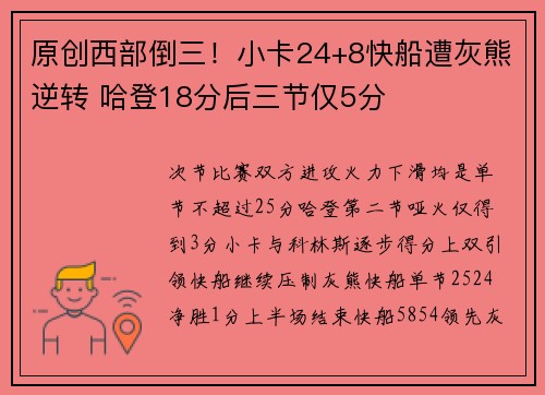 原创西部倒三！小卡24+8快船遭灰熊逆转 哈登18分后三节仅5分